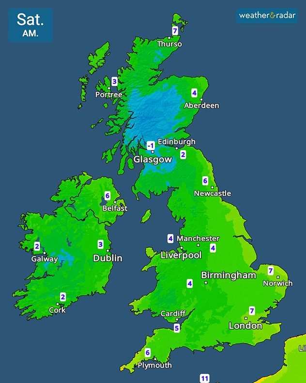Saturday morning temperature map showing -1°C near Glasgow, 2 to 3°C across Ireland, and 4 to 7°C across much of England and Scotland.