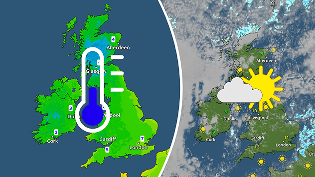 Split weather graphic showing temperatures of 2-7°C across the UK and Ireland alongside brighter conditions with sunny spells and scattered clouds.