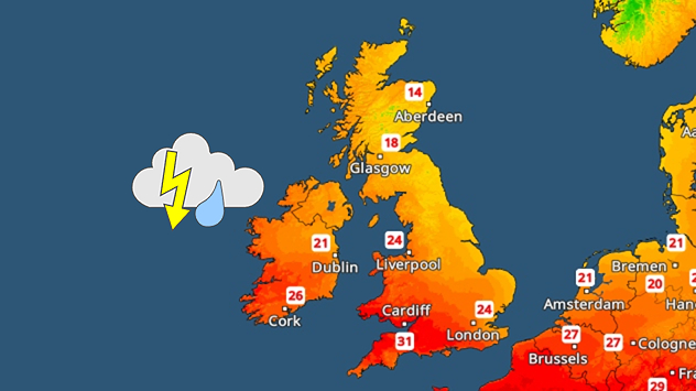 Temperature map of the UK and western Europe showing hot conditions across Britain, with temperatures reaching 31°C near Cardiff and a thunderstorm icon over the Atlantic west of Ireland.