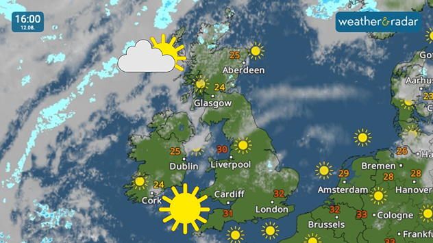 Weather map of the UK and Ireland. Some cloud cover mostly in Scotland. Clearer skies elsewhere. Hot temperatures with 32 degrees seen in London, 31 degrees in Cardiff, and 30 degrees in Liverpool.