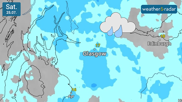 Weather forecast map of Scotland, centred on Glasgow, on Saturday 25.07 showing widespread rain across western and central Scotland, including the city, with temperatures around 16 to 18°C and a rain cloud icon highlighting wet conditions.