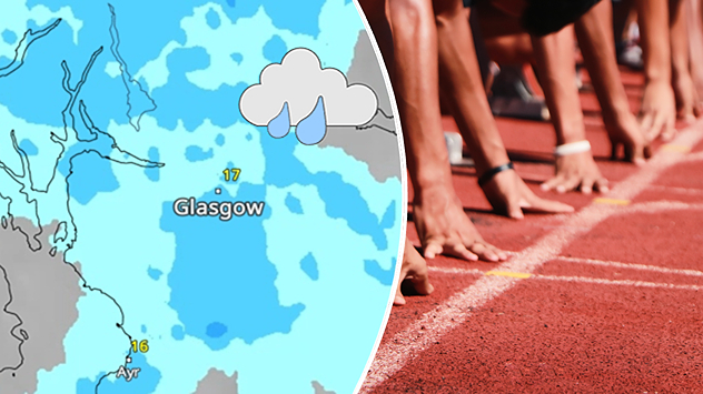Split image showing a weather map for western Scotland with widespread rain around Glasgow on the left, and runners poised at a starting line on an athletics track on the right.