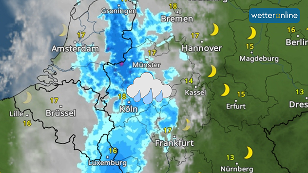 WetterRadar mit starkem Regenband von Luxemburg bis Münster, Symbol für Regen bei Köln, östlich teils klar mit Mondsymbolen.