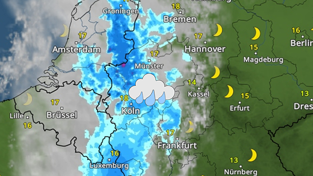 WetterRadar mit starkem Regenband von Luxemburg bis Münster, Symbol für Regen bei Köln, östlich teils klar mit Mondsymbolen.