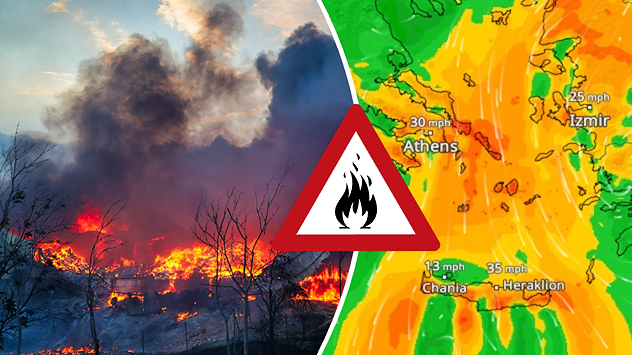 Split image showing an active wildfire with flames and thick smoke on the left, and a wind forecast map of Greece on the right with gusts of 25–35 mph around the Aegean Sea, alongside a wildfire warning symbol highlighting elevated fire danger.
