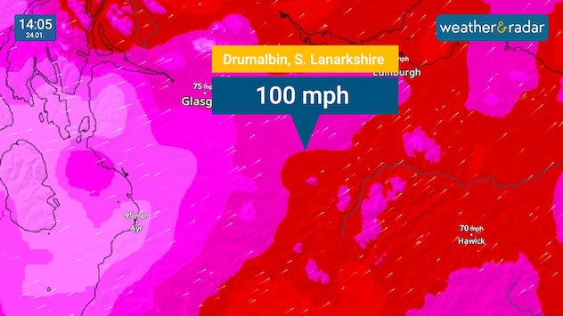 Wind map showing a gust of 100 mph at Drumalbin Scotland during Storm Éowyn in January 2025.