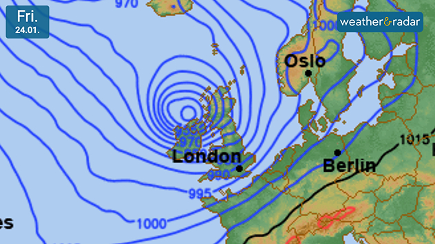 Synoptic weather chart dated Fri 24.01 showing tightly packed blue isobars spiraling around a deep low pressure system west of the UK, with pressure values near 955 mb and labels for London, Oslo, and Berlin.