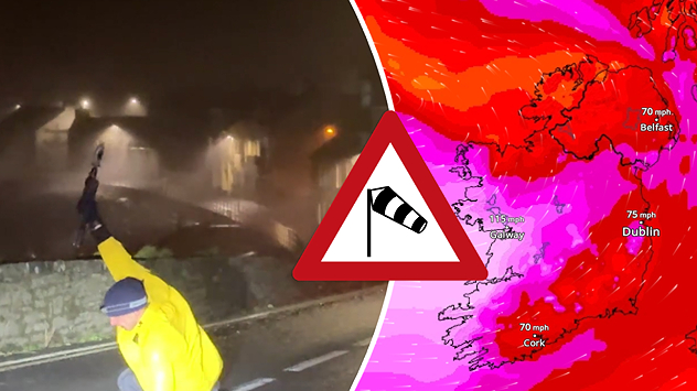 Split image showing a person in a yellow jacket struggling against strong winds and heavy rain on a street at night on the left, and an Irish wind forecast map on the right with red and purple shading, gusts up to 75 mph, and a wind warning icon, divided by a curved white line.