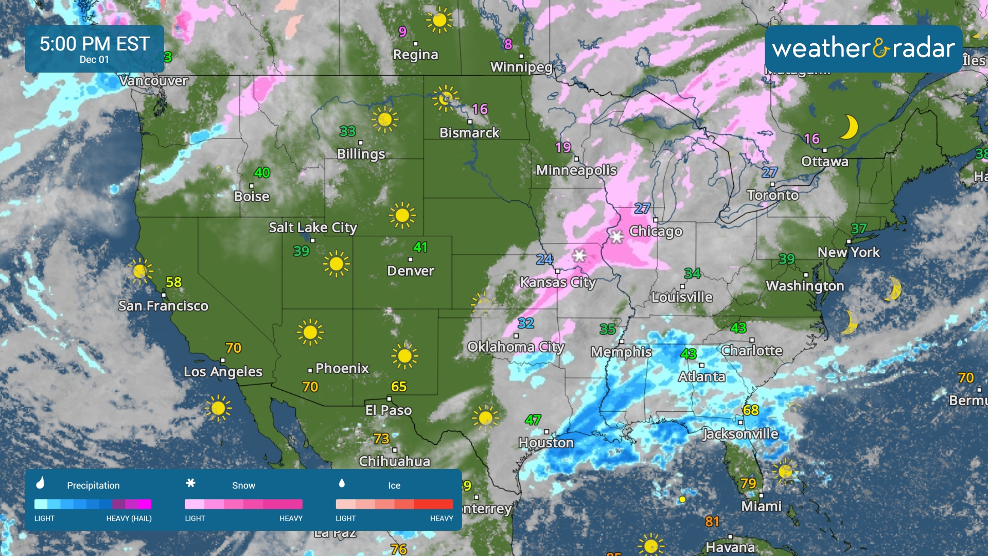 The WeatherRadar shows showers and storms across the Southeast and snow in the Midwest.