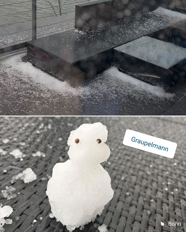 Graupel auf einer Terrasse in Bonn am Rhein und ein daraus geformter Graupelmann