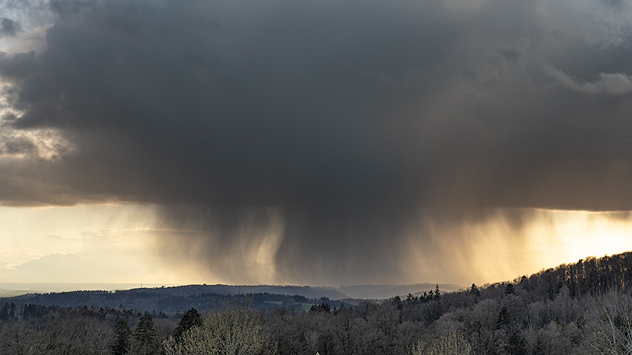 Dunkle Wolken mit starkem Schauer über einer bewaldeten Landschaft.