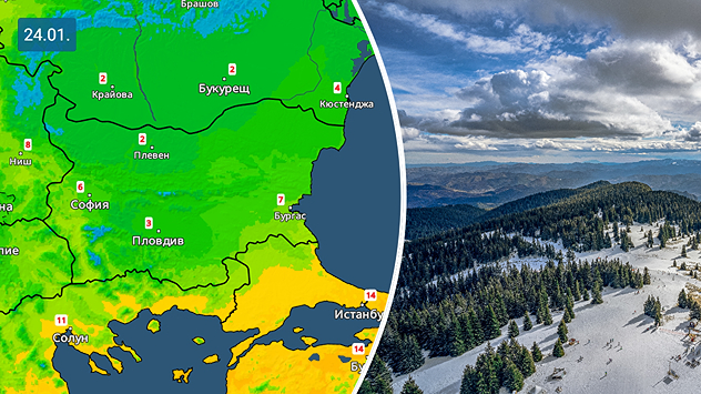 Отляво: Температурна карта с очакваните максимални температури за страната за събота. Отдясно: Зимен пейзаж от Пампорово, с малко облаци по небето