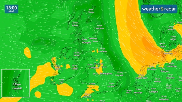 Wind map of the UK and Ireland with a cut out for Shetland. Mostly calm gusts, stronger, up to 30 mph, seen in western Ireland and south-east England.