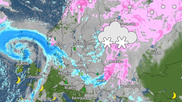 Карта погоди з великими сніговими покривами над Скандинавією та Фінляндією. Снігові фронти рухаються із заходу на схід.