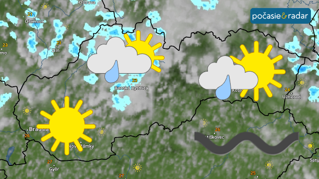 Satelitná mapa Slovenska s oblačnosťou, miestnymi prehánkami, slnečnými úsekmi a sivou vlnovkou v juhovýchodnej časti, ktorá naznačuje mierne teploty