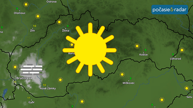 Mapa Slovenska so symbolmi slnka a prevažne jasným počasím, miestami ranné hmly na západe