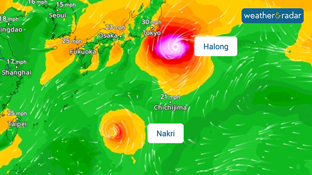 Weather radar map showing Typhoons Halong near Tokyo and Nakri south of Japan, with wind speeds up to 30 mph and swirling storm patterns in red, orange, and green shades.