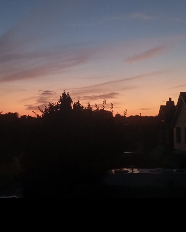 Soft pink and orange twilight sky above silhouetted trees and rooftops, with wispy high clouds stretching across the fading evening light over a quiet residential area.