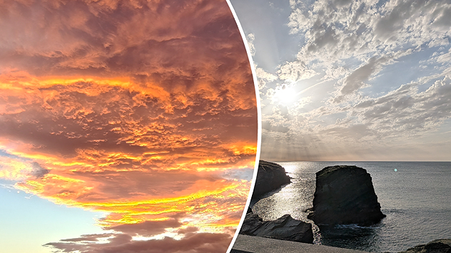 Split image showing vivid orange clouds glowing at sunset on the left and bright sunbeams streaming through scattered clouds above a rocky coastline and calm sea on the right.