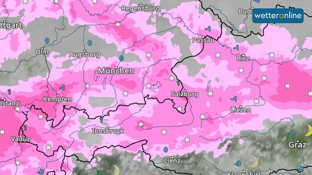 Das WetterRadar zeigt Schneefall in Österreich.